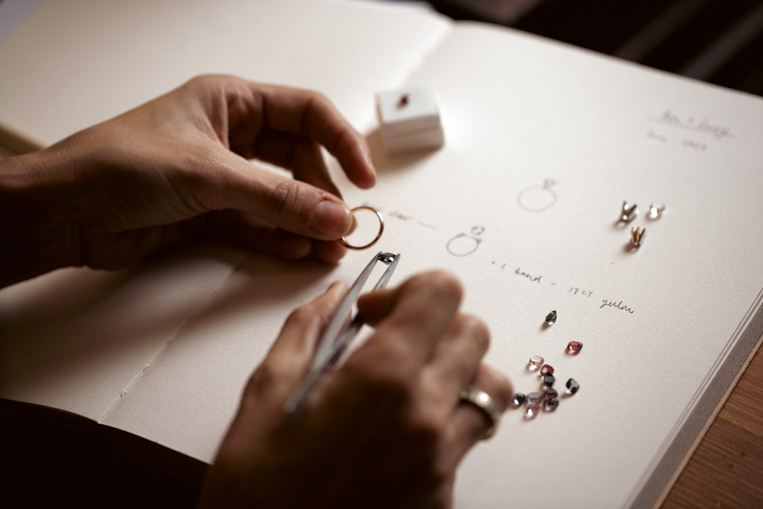 Two hand crafting a ring on top of a notebook.